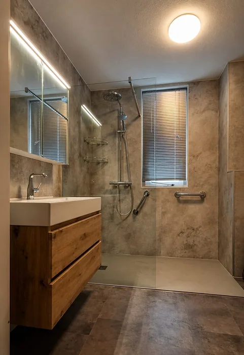Badkamer met eiken wastafelmeubel, spiegelkast, drempelloze inloopdouche met steunbeugels en steenlook panelen