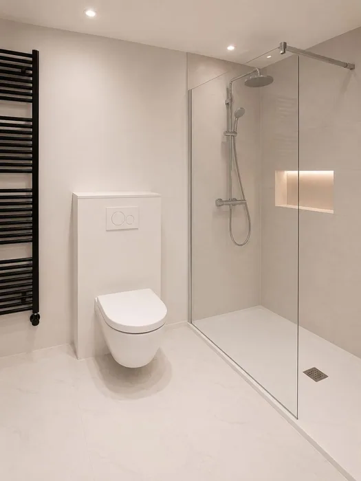 Lichte badkamer met inloopdouche achter een glazen wand, hangtoilet, verlichte nis en zwarte radiator