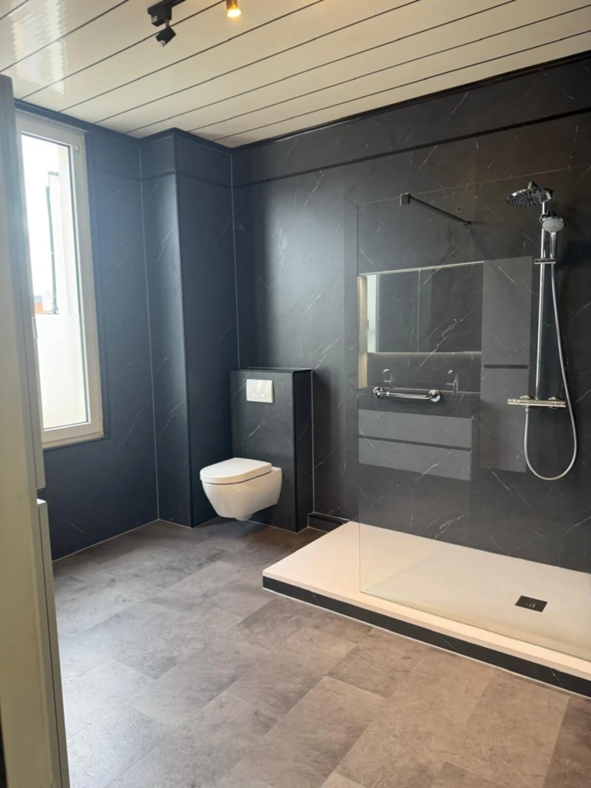 Ruime badkamer met donkere marmerlook panelen, inloopdouche, hangtoilet en raam