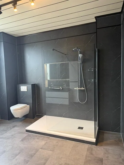 Badkamer met zwarte marmerlook wandpanelen, inloopdouche met glazen wand en hangtoilet