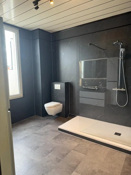 Ruime badkamer met donkere marmerlook panelen, inloopdouche, hangtoilet en raam
